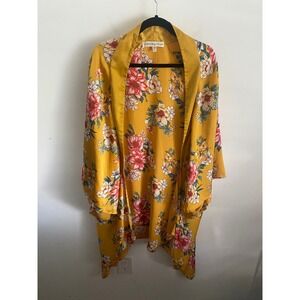 Paisley Raye Mustard Yellow Floral Kimono Duster Open Front Lightweight Size L